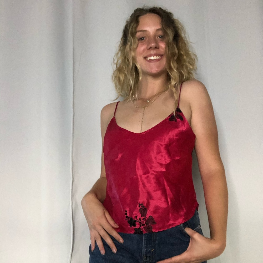 Slip Top Pink & Black Satin Floral Camisole Vintage